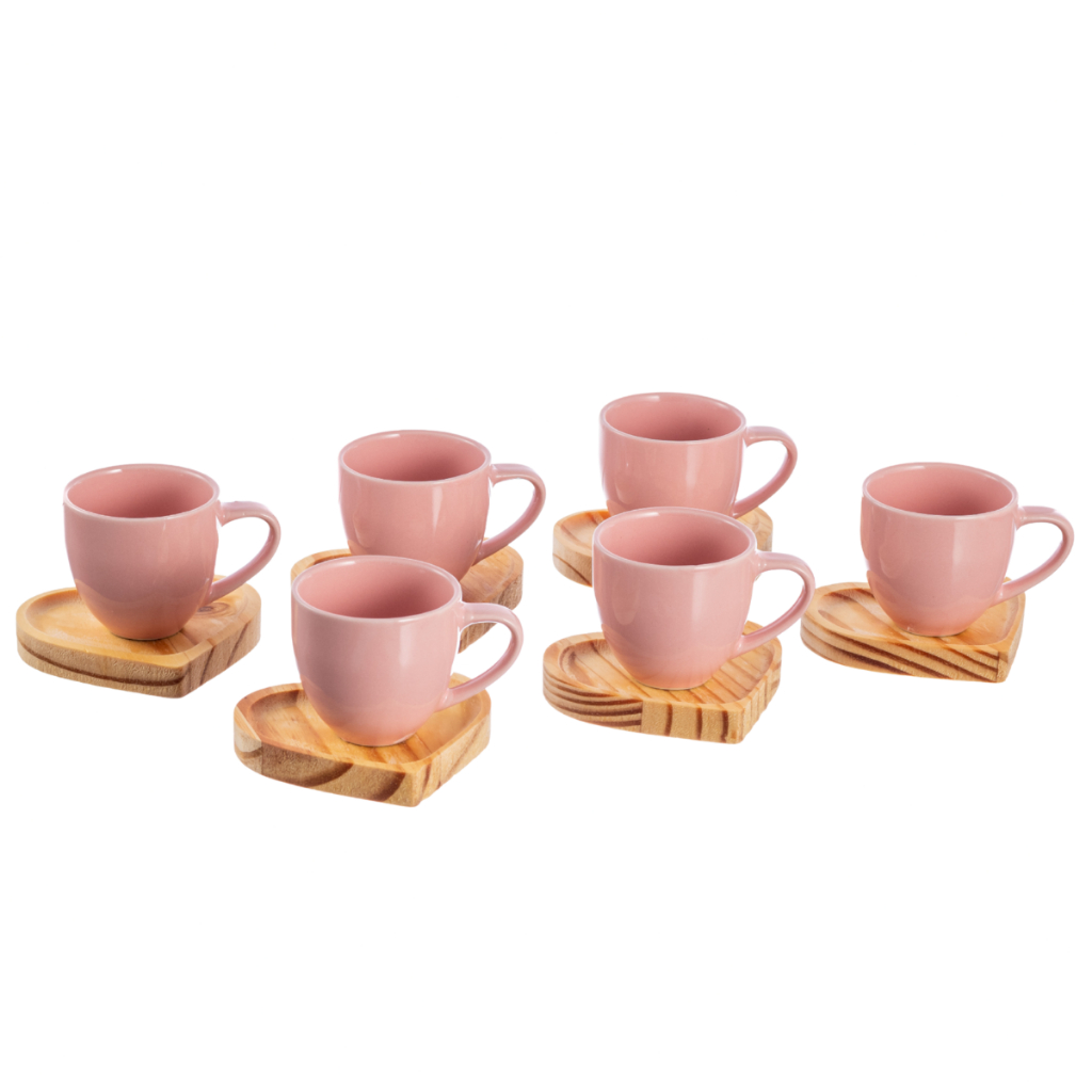 Kit Jogo de Xícaras De Porcelana Café Expresso Com Pires Em Madeira Pinus