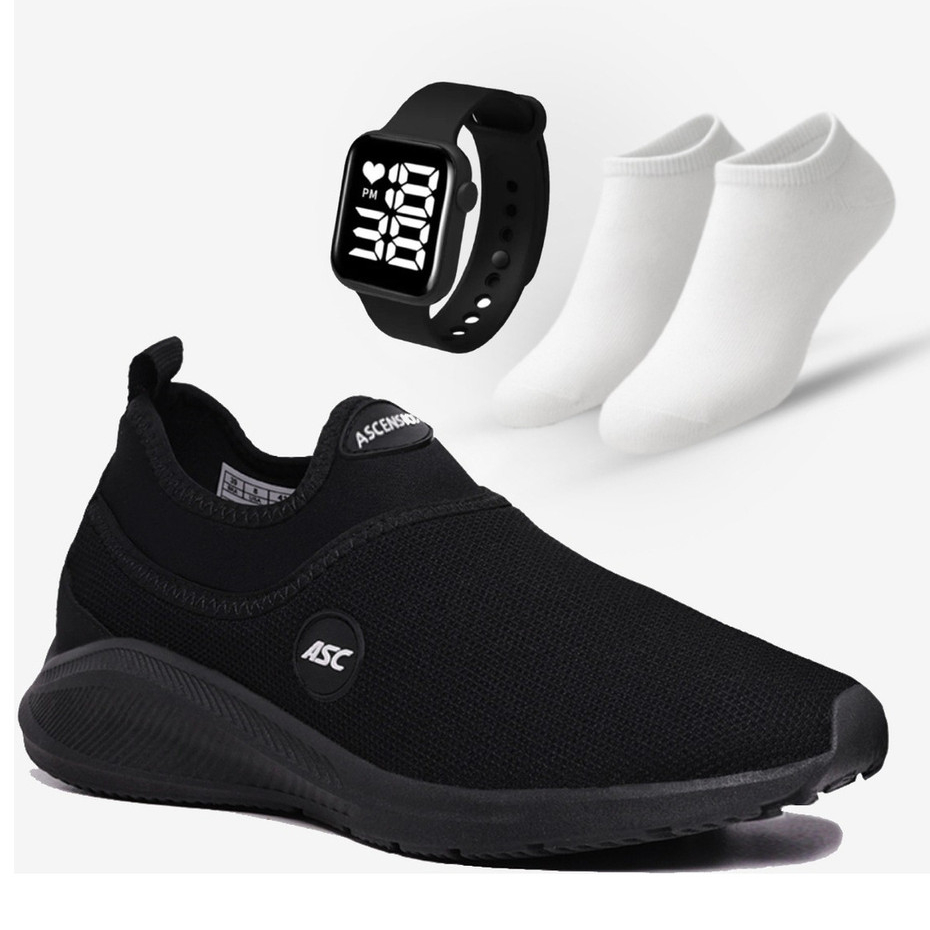 Tênis Masculino Feminino Sem Cadarço Caminhada Treinos Kit Com Meias E Relógio Digital