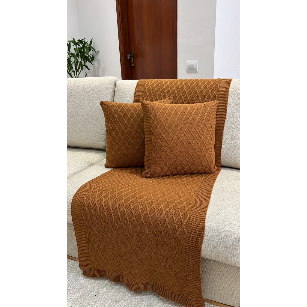 Kit Peseira Manta Tricot Sala Cama Solteiro Sofá 160x60cm Veneza + 2 capas