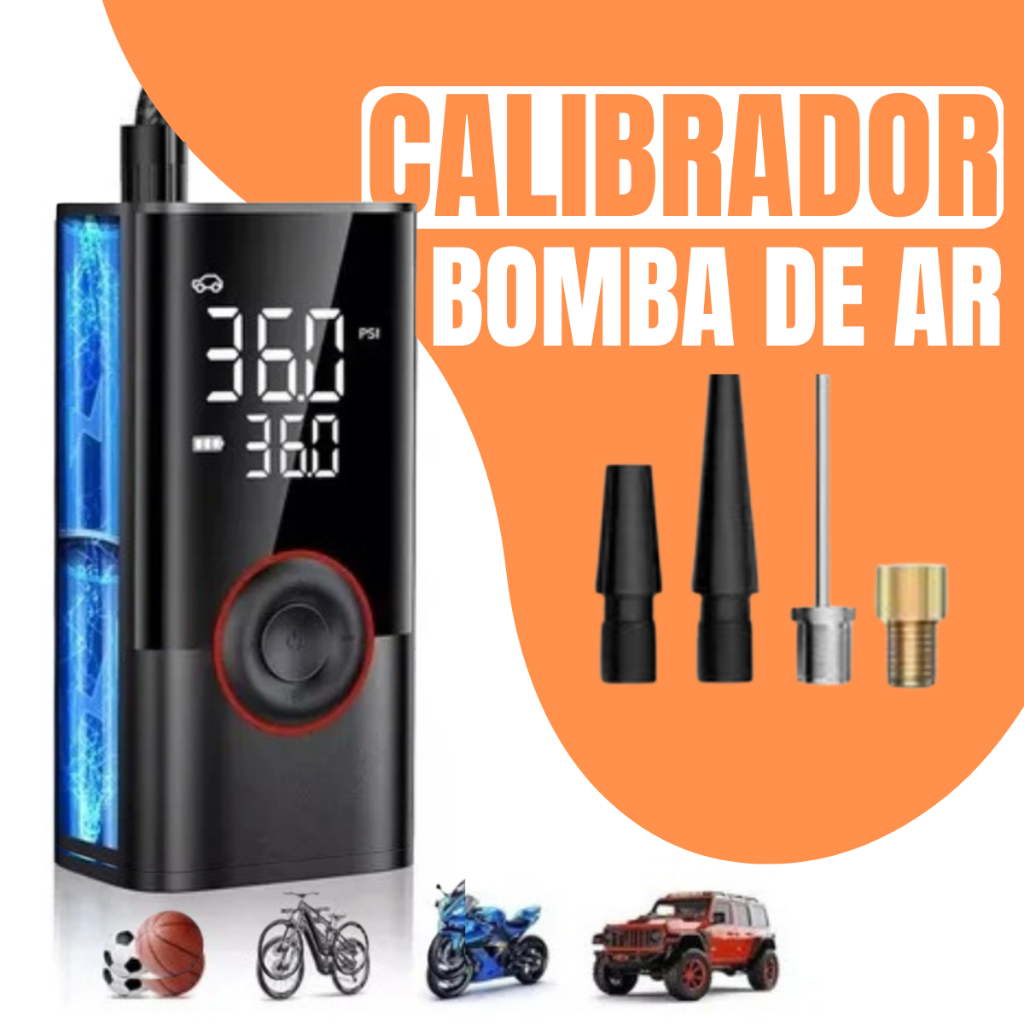 Calibrador Bomba de Ar Digital Portátil Recarregável | Compressor Elétrico com Powerbank, Luz LED, Display LCD | Carro