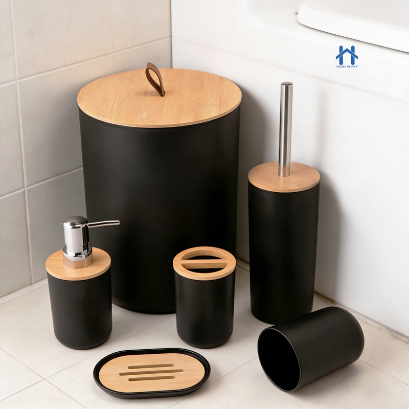 Kit Para Banheiro ou Lavabo Luxoso 4 ou 6 Peças Preto ou Branco Com Bambu Moderno Elegante em Oferta na Shopee
