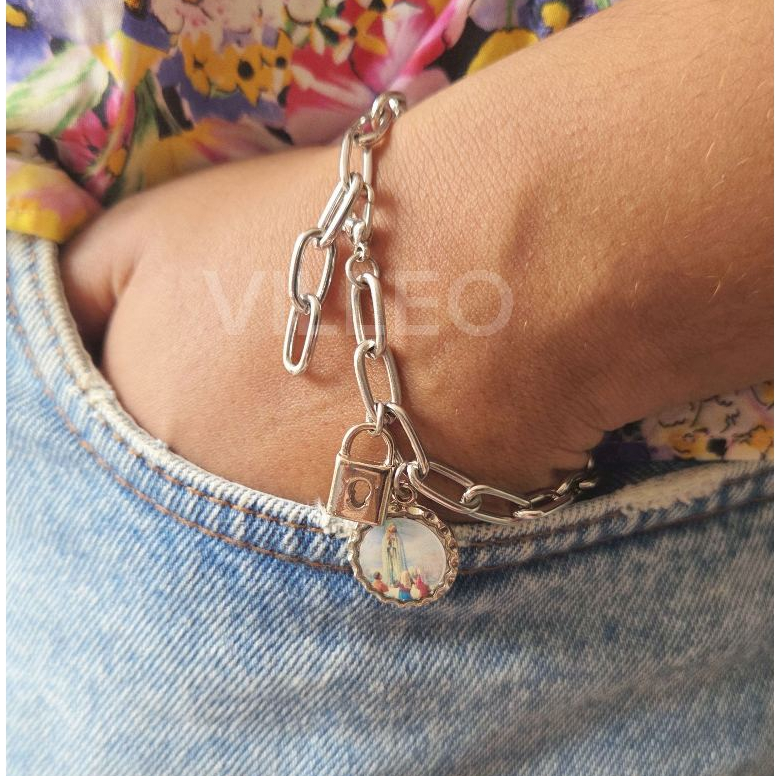 Pulseira Cadeia de Consagração com medalha de Nossa Senhora de Fatima em inox com oração