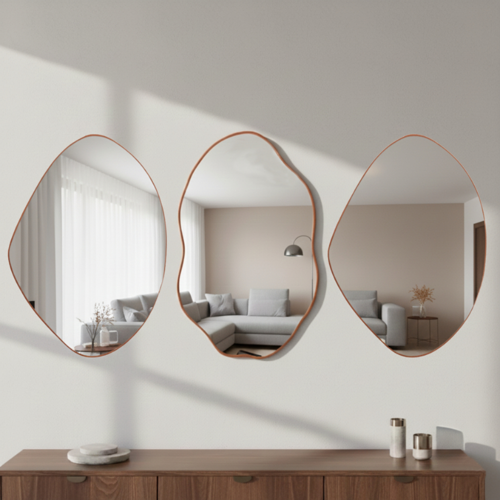 Kit 3 Espelhos Orgânicos Decorativos com Moldura em Couro Caramelo – Moldura Caramelo Para Sala Hall