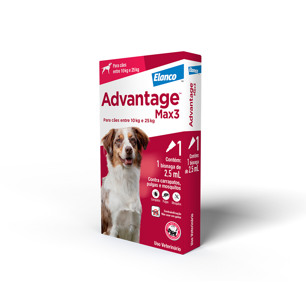 Antipulgas Advantage Max3 Elanco para Cães de 10kg até 25kg - 3 Bisnagas de 2,5ml