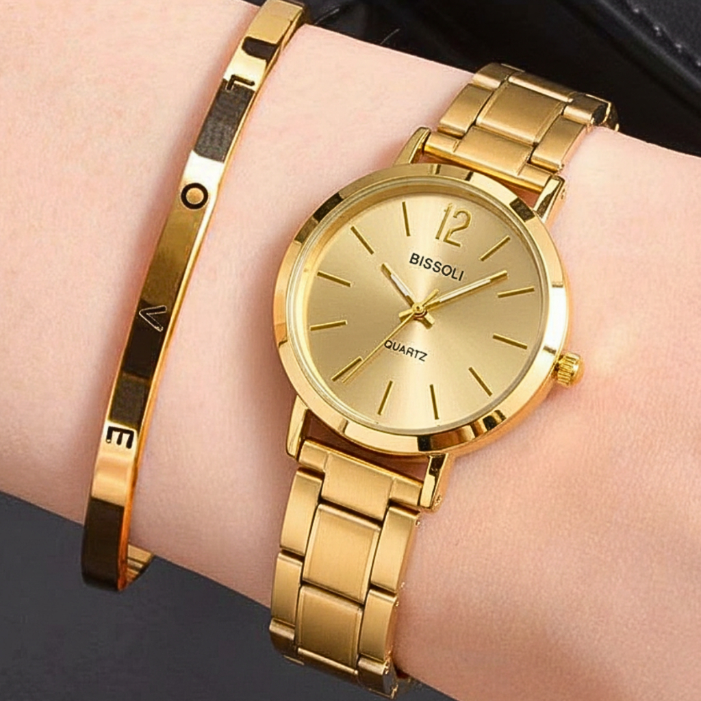Kit Relógio De Quartzo De Pulso Com Pulseira de Aço Feminino Bissoli Royal Heritage + Bracelete Love Luxuoso em Oferta na Shopee