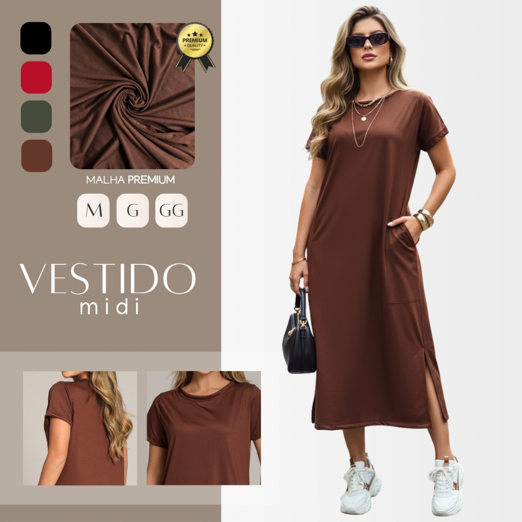 Vestido Midi Manga Curta Feminino Com Fenda Lateral e Bolso Externo Versátil M ao GG em Oferta na Shopee