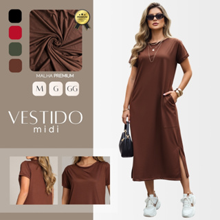Vestido Midi Manga Curta Feminino Com Fenda Lateral e Bolso Externo Versátil M ao GG em Oferta na Shopee