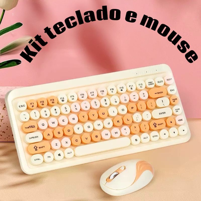 Kit Teclado E Mouse Wireless Sem Fio Usb Bluetooth Teclas silenciosas e arredondadas