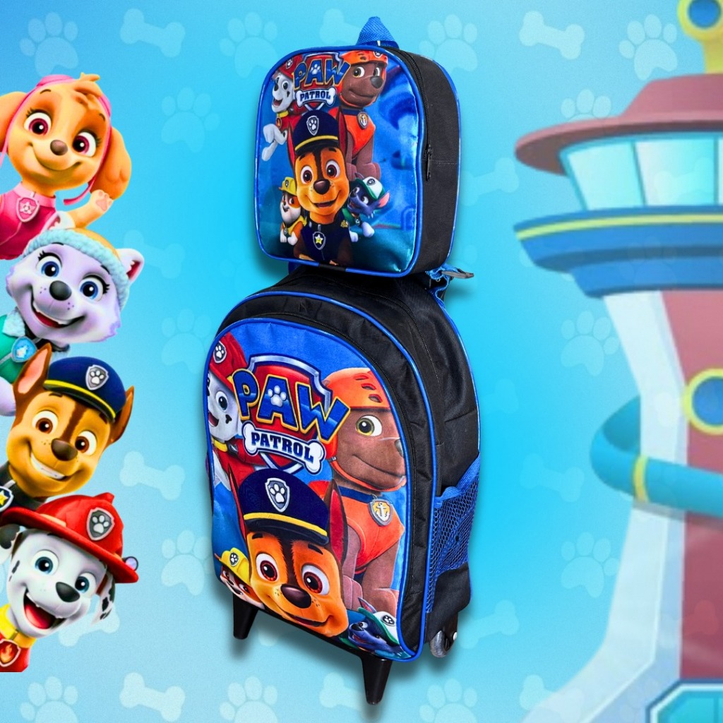 Kit mochila carrinho 3 peças ( Estojo, bolsa 20 cm + mochila carrinho)PATRULHA CANINA