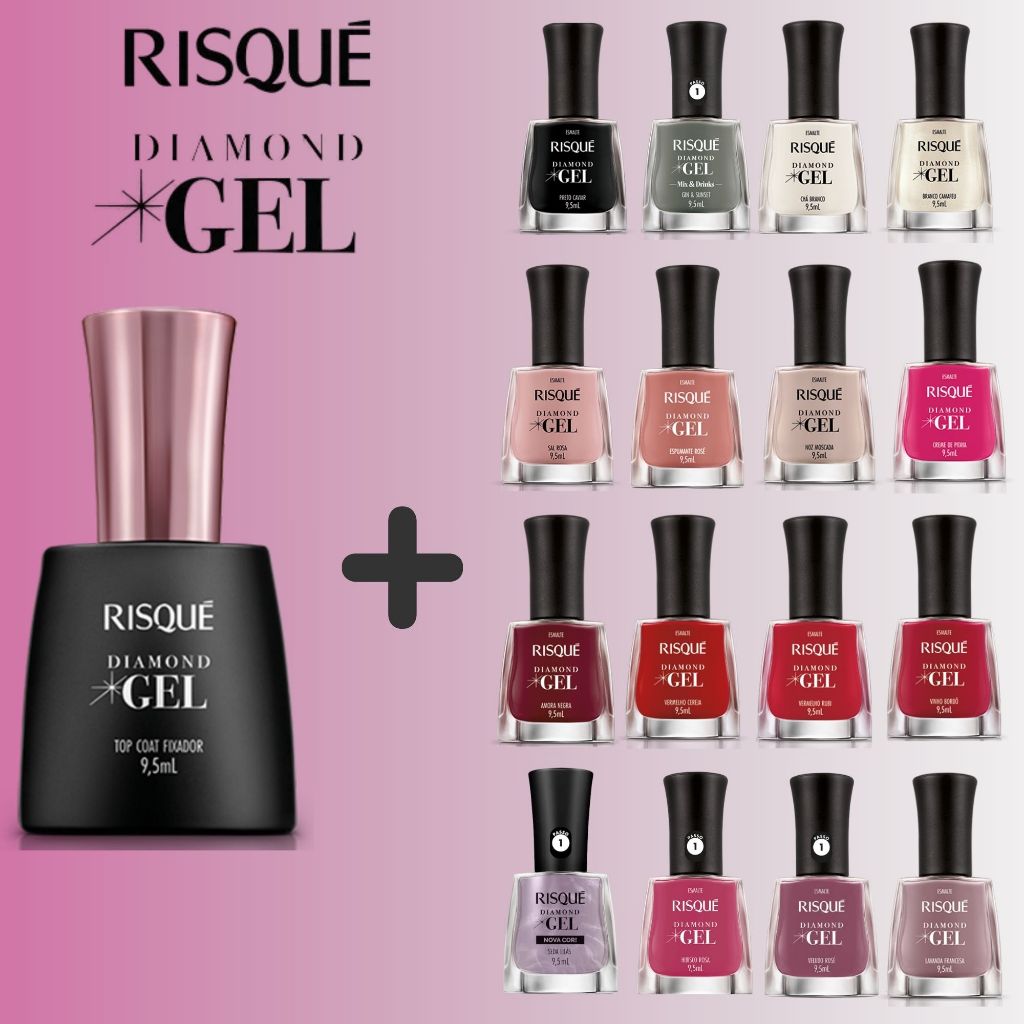 Kit 2 Esmalte Diamond Gel Risque Cor + Top Coat Fixador - Escolha Cor Esmalte Atacado