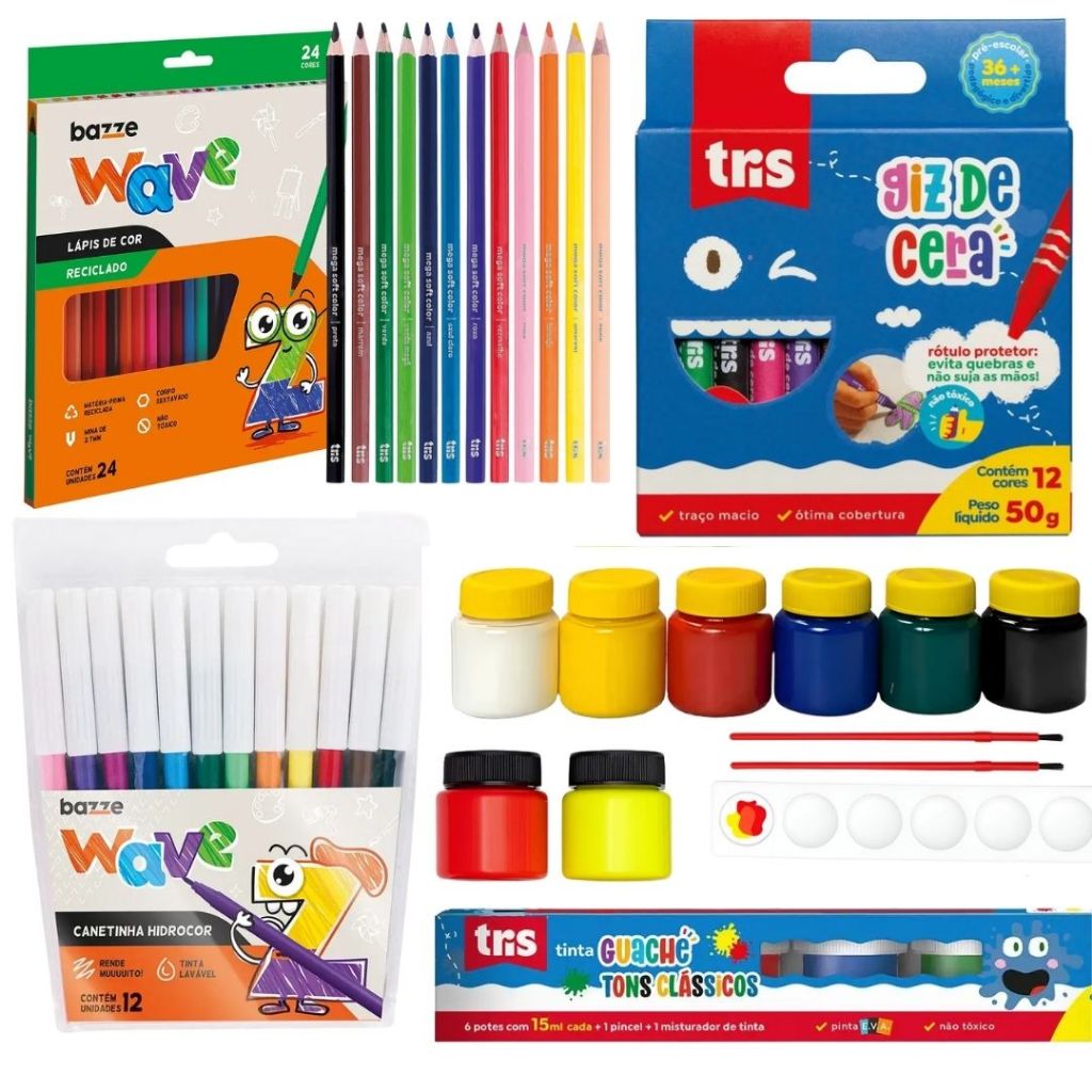 Kit Escolar Infantil Lápis de Cor 24 Cores + Canetinha + Giz 12 Cores + Tinta Guache Pincel Para Criança Escola