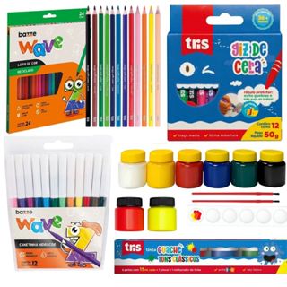 Kit Escolar Infantil Lápis de Cor 24 Cores + Canetinha + Giz 12 Cores + Tinta Guache Pincel Para Criança Escola em Oferta na Shopee