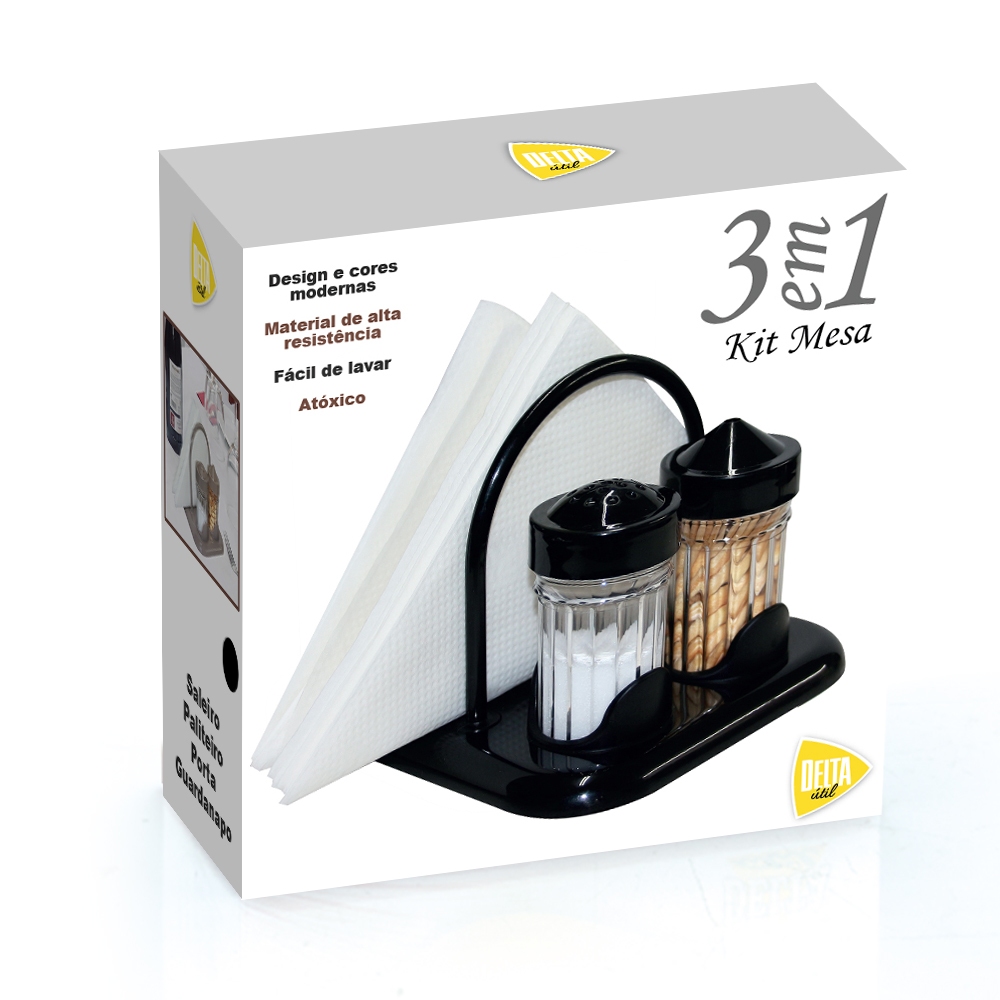 Kit Mesa 3 Em 1 Porta Guardanapo Saleiro Paliteiro Delta Útil Cozinha Prático