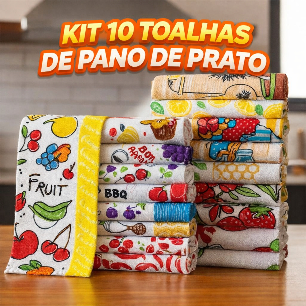 Kit 10 Panos Felpudos de Cozinha 65x40cm – Sortidos e 100% Algodão