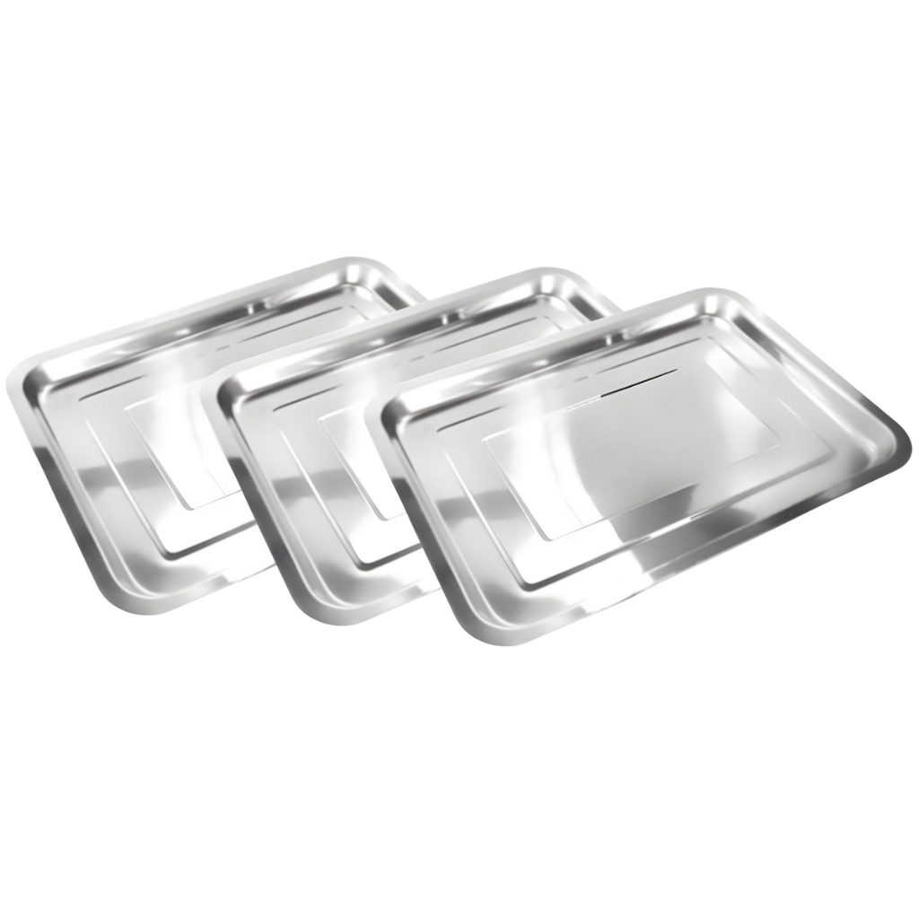 Kit 3 Bandejas Retangulares de Inox 32x22cm para Servir Alimentos e Bebidas – KeHome
