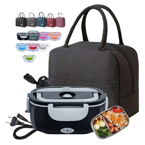 Kit Marmita Elétrica Portátil Plástico Tomada Casa ou Carro + Bolsa Térmica Marmita Com Isolamento Térmico
