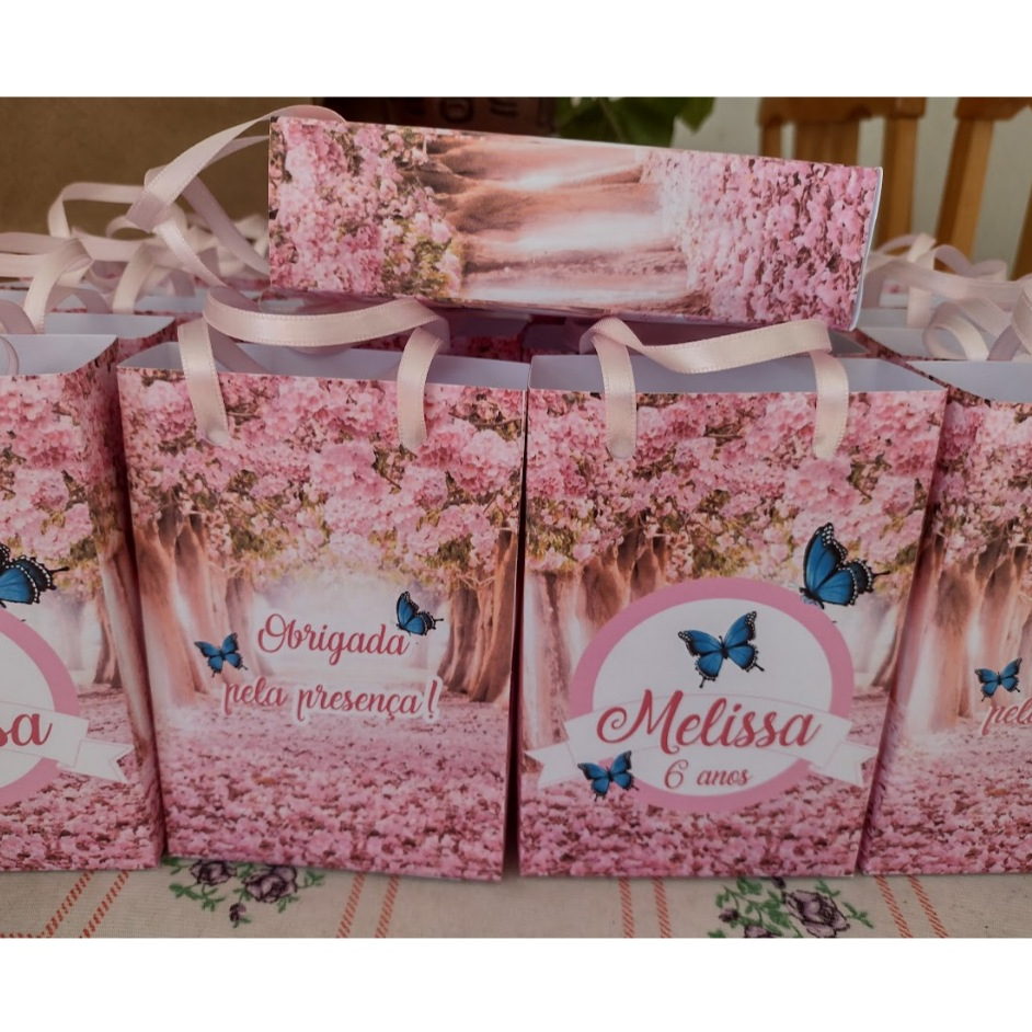 Sacolinha Personalizada Jardim Encantado Borboletas Pássaros festa infantil lembrancinhas
