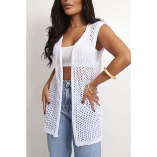 Colete Tricot alfaiataria blusinha Furos Detalhes aberto longo oversized estiloso em Oferta na Shopee