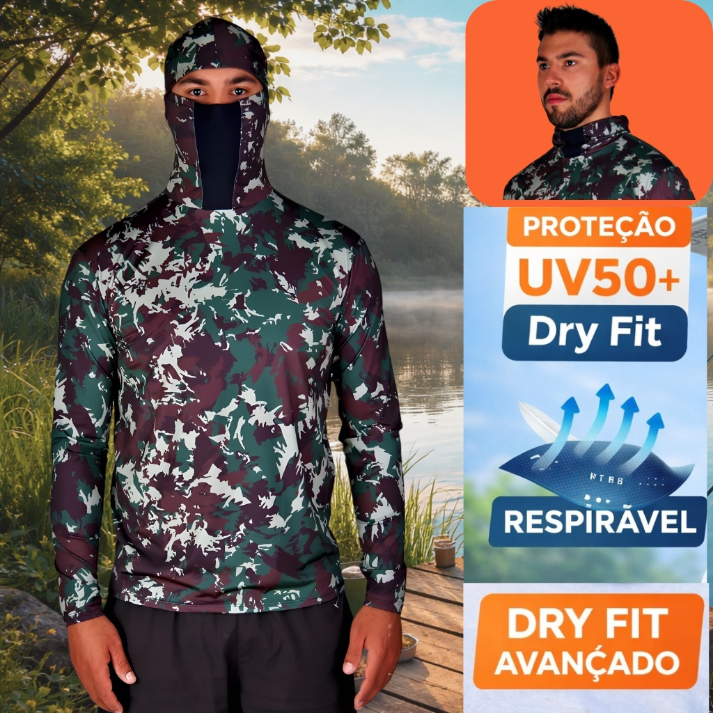 Camisa de Pesca Camuflada Militar UV50+ – Touca Ninja Integrada