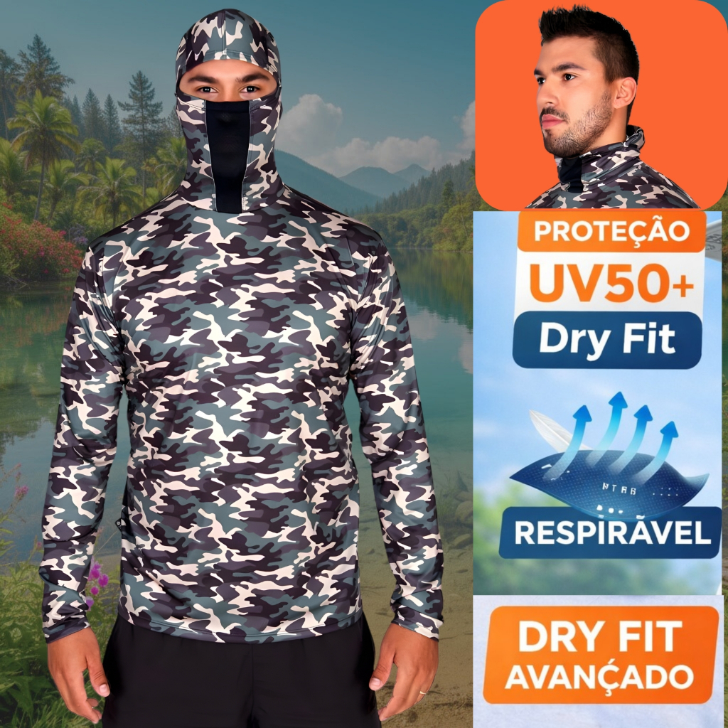 Camisa de Pesca UV50+ com Touca Ninja – Camuflado Floresta, Leve e Respirável
