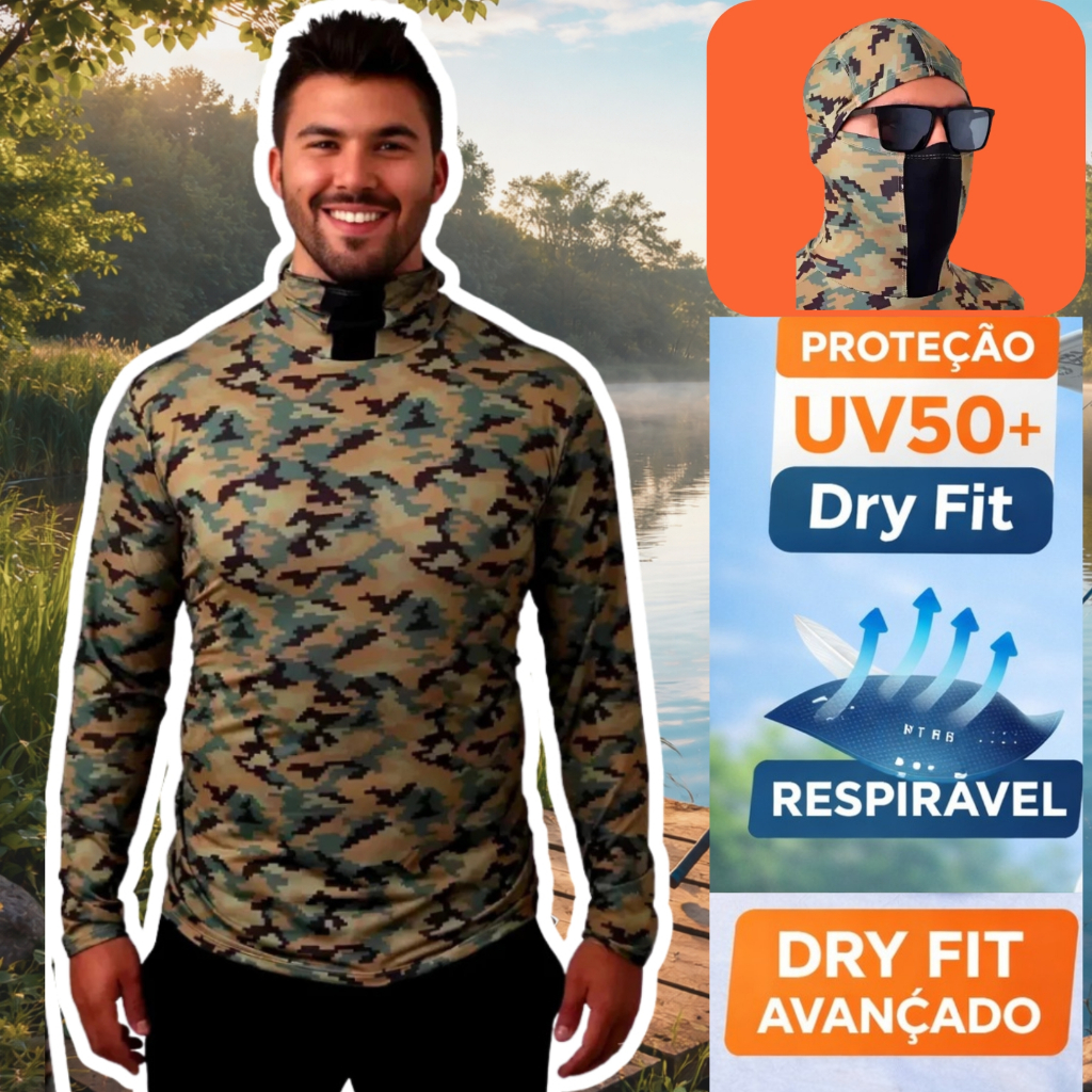 Camisa de Pesca com Touca Ninja Camuflada – Proteção UV50+, Leve e Resistente