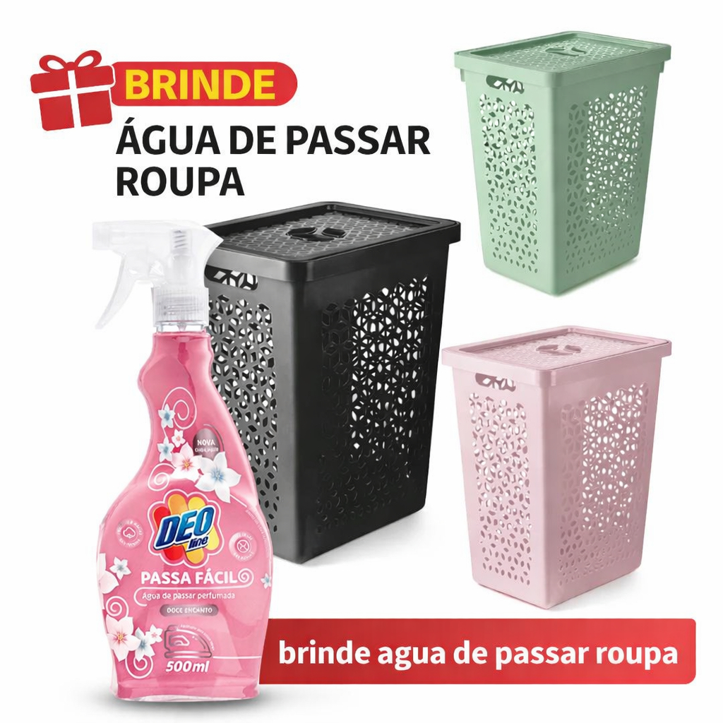 Cesto Organizador Lavanderia para Roupas Sujas Limpas Com Tampa 55 Litros UZ Utilidades + Agua de Passar Roupa Perfumada