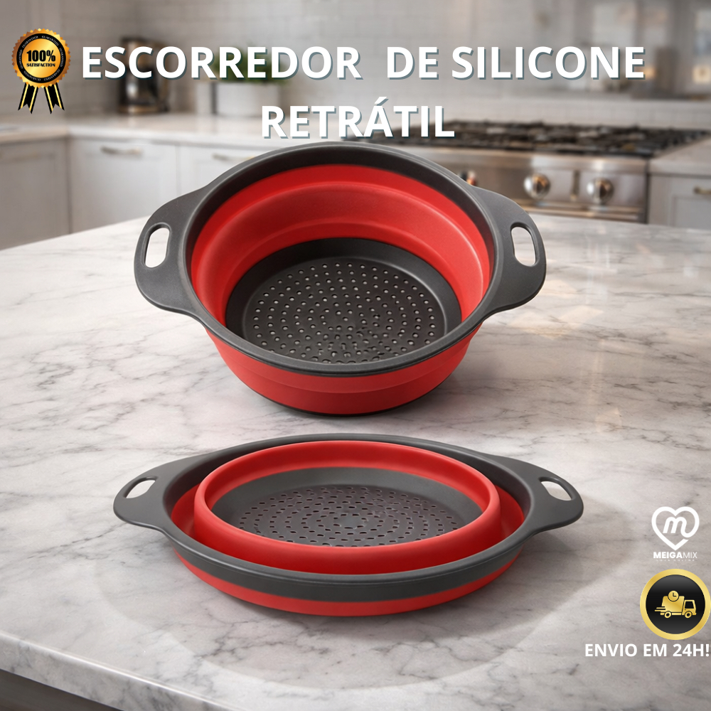 Kit 2 Escorredor Redondo Retrátil Dobrável Silicone Multiuso Verduras Frutas Macarrão Arroz Cozinha