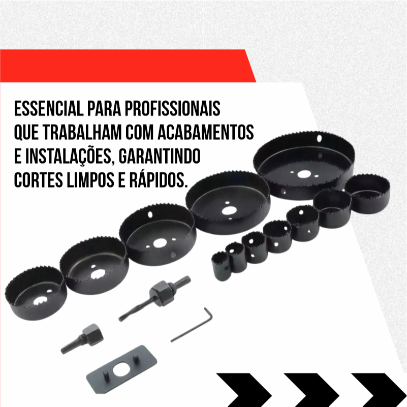 Jogo de Serra Copo 16 Peças Furo em Madeira Gesso Drywall PVC e Plástico