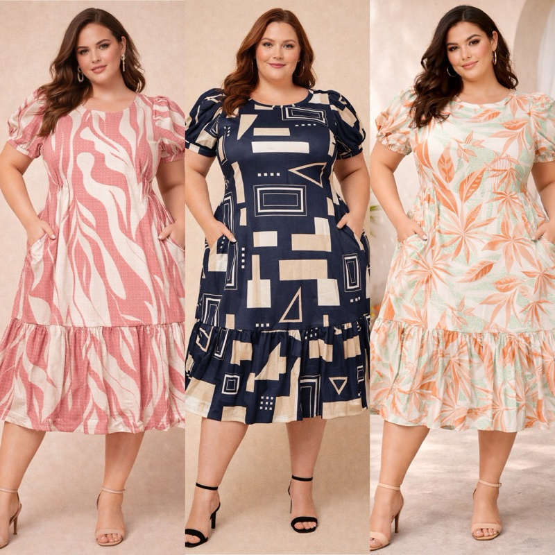 PLUS SIZE Vestido estampado veste 46 ao 54 geométrico reto babado midi manga curta tamanho grande em Oferta na Shopee