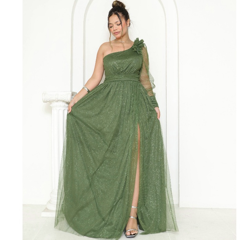 Vestido Longo Festa Feminino em Tule Brilhante com Fenda Um Ombro Só Elegante Luxo Premium Top BR