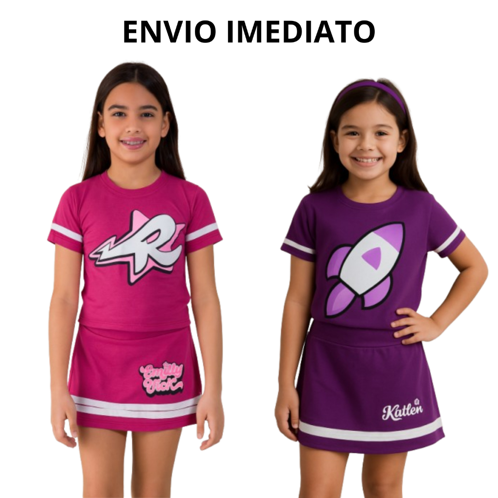 Conjunto Infantil Juvenil Emily Vick Katlen Os Rosas Roupa Menina Conjunto Short Saia e Blusa Os Rosas