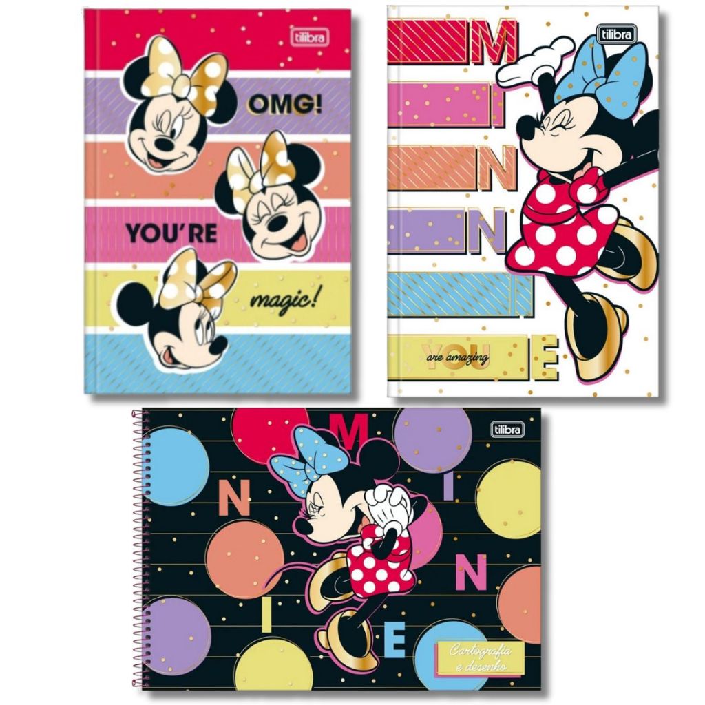 KIT MINNIE CADERNO CARTOGRAFIA DE DESENHO ESPIRAL + 2 BROCHURÃO CAPA DURA 80FLS MINNIE 26 TILIBRA
