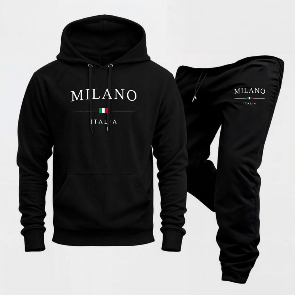 Conjunto Moletom Unissex Estampado Milano Itália Calça e Blusa Com Capuz Bolso Canguru