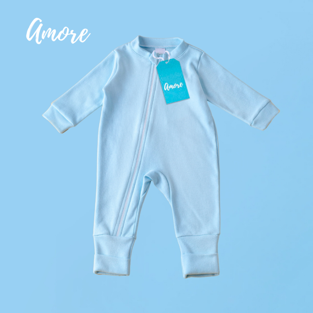 Macacão de Bebê Amore Vira Pé Azul Claro Com Zíper 100% Algodão
