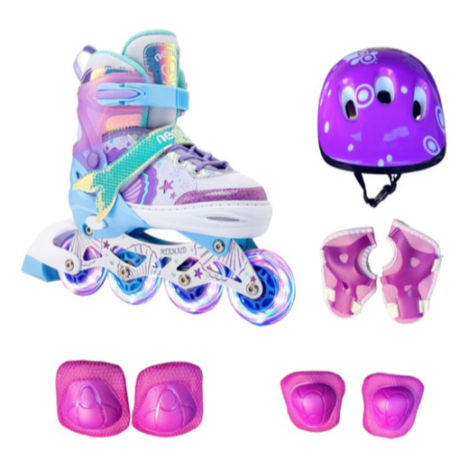 Patins Sereia Inline Roller Tamanho Ajustável com Led Em Todas Rodinhas + Bolsa + KIT DE PROTEÇÃO COMPLETO em Oferta na Shopee