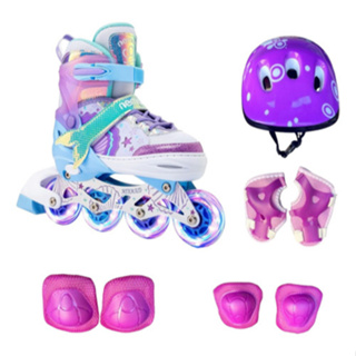 Patins Sereia Inline Roller Tamanho Ajustável com Led Em Todas Rodinhas + Bolsa + KIT DE PROTEÇÃO COMPLETO em Oferta na Shopee