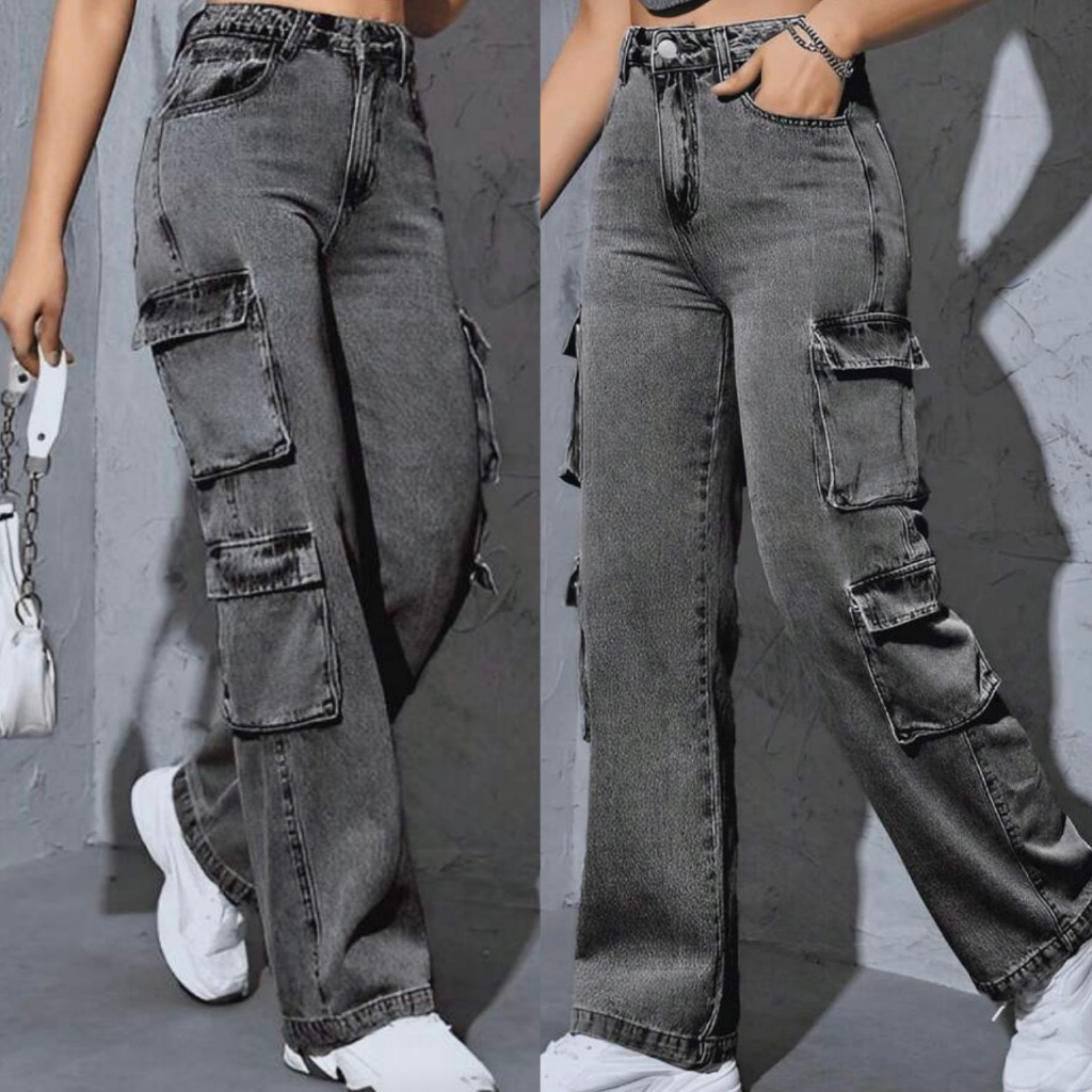 Calça Jeans Feminina WideLeg Cargo 4 Bolsos Grafite Denim Linha Premium Modela Bumbum Wide Leg Larguinha Pantalona em Oferta na Shopee