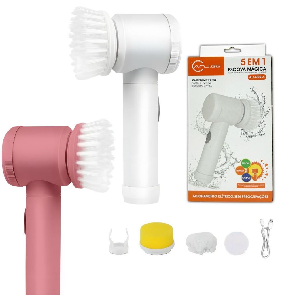 Escova de Limpeza 5 em 1 Sem Fio Limpador Multiuso Prático Com Mais Duas Cabeças de Escova