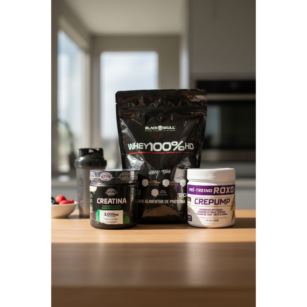Whey Protein 100% HD 900g Sabor Baunilha +Creatina + Crepump 300 Gr Canteiro de Ervas - Black Skull