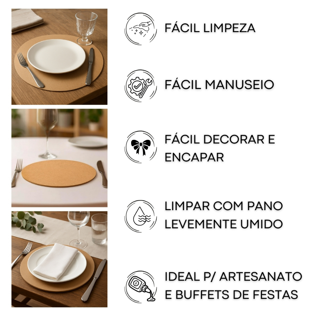 Kit Sousplat MDF 35cm Redondo Cru Pintavel Mesa Posta Artesanato Decoração Pratos Casamento Festa