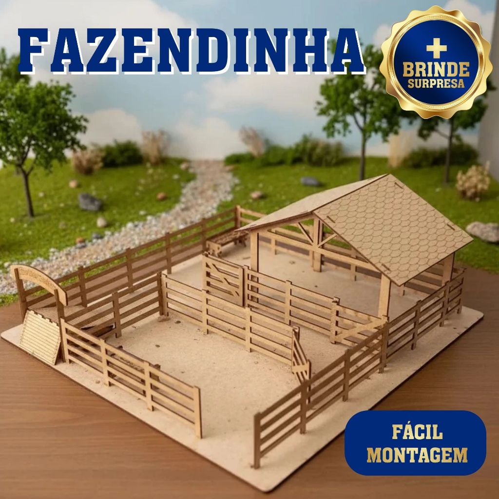 Fazendinha de Madeira MDF para Montar - Brinquedo Educativo Curral e Galpão Fácil Montagem + Brinde