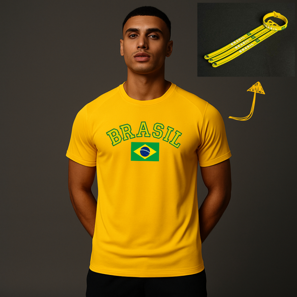 Camiseta Dry Fit Brasil Torcida Unissex + Pulseira Silicone Brasil Copa Do Mundo 2026