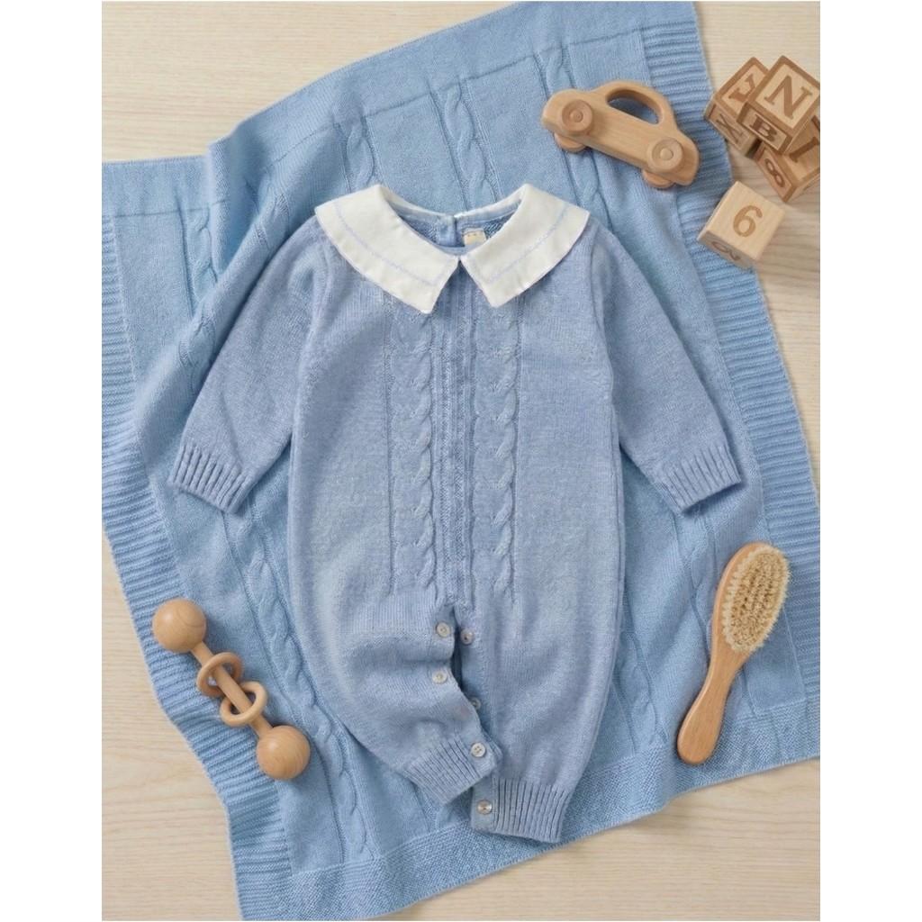 Kit Saída Maternidade Menino Tricô Macacão e Manta Tricot Bebe