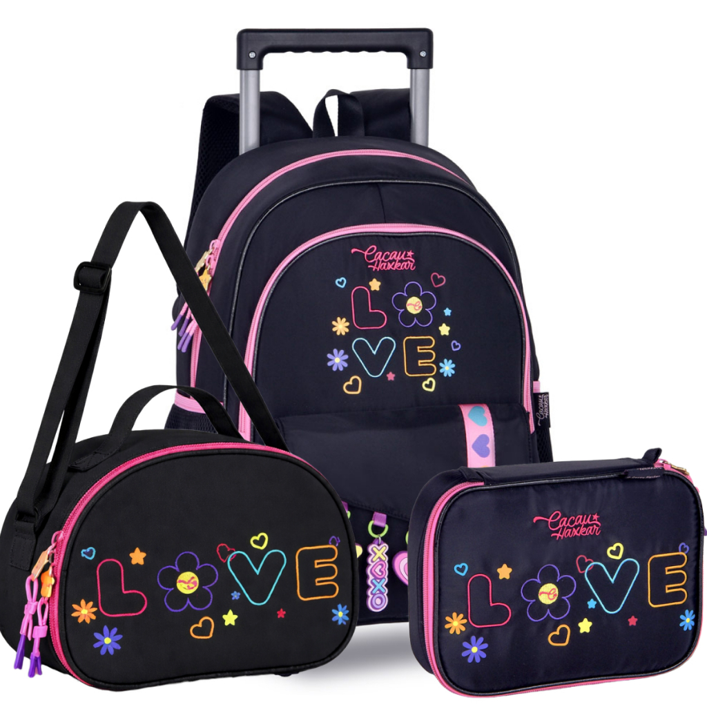 Kit Mochila de Rodinhas Cacau Haxkar com Lancheira Térmica Escolar Estojo Espaçoso Clio