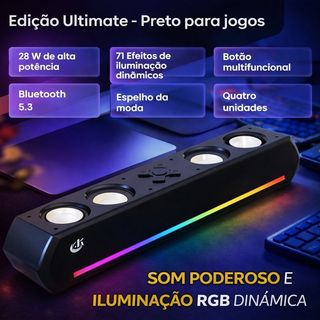 Caixa de Som Bluetooth Espelhada 30W Potente com 4 Alto-Falantes LED RGB Soundbar para PC…