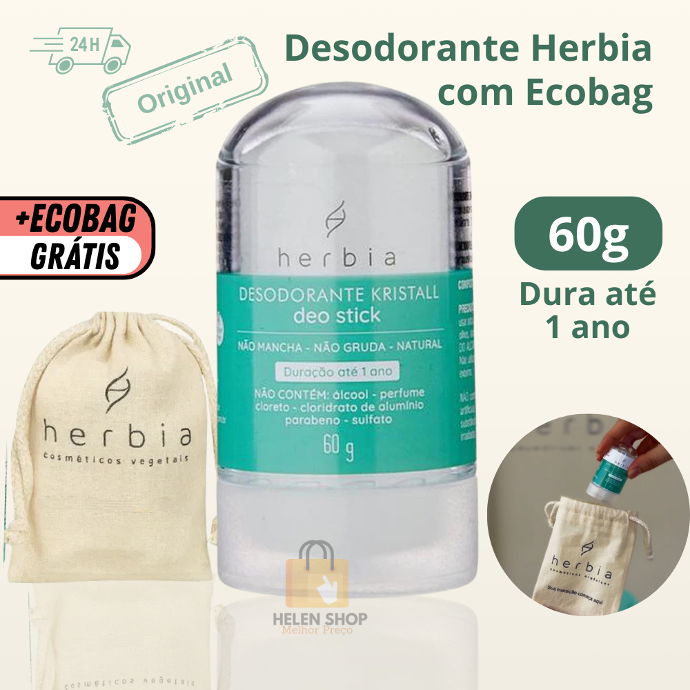 Desodorante Cristal 60g + Ecobag Natural Stick pedra sal cheiro vegano Kristall Herbia axila em Oferta na Shopee