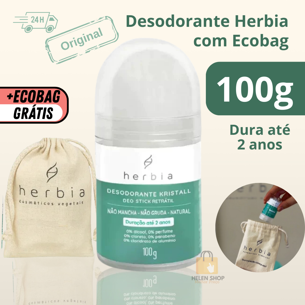 Desodorante Cristal 100g + Eco Bag brinde Natural Stick pedra sal sem cheiro vegano Kristall Herbia