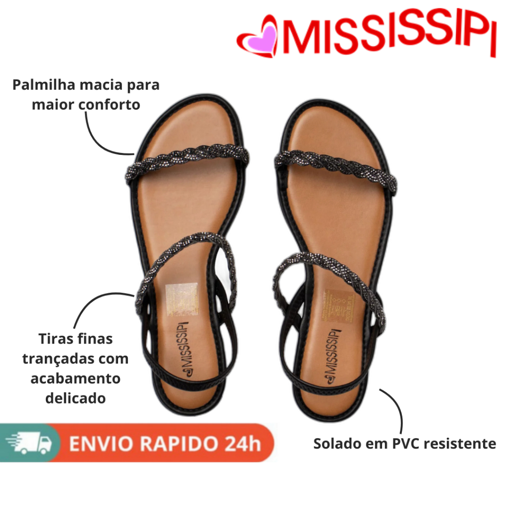 Sandália Feminina Mississipi Rasteira Preta Brilhos Tiras Trançadas Confortável Ref MB052