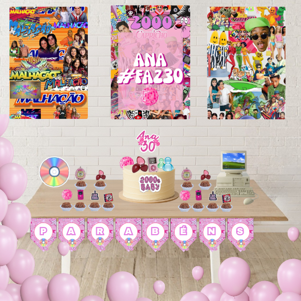 Kit Festa Personalizado Anos 2000 Só um Bolinho em Casa - Bandeirola com PARABÉNS / ENVIO RÁPIDO / Anos 2000 em Oferta na Shopee