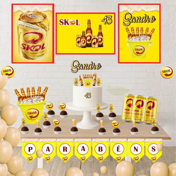 Kit Festa Skol Só um Bolinho em Casa - Bandeirola com PARABÉNS / Kit Festa Cerveja / Decoração Boteco / ENVIO RÁPIDO